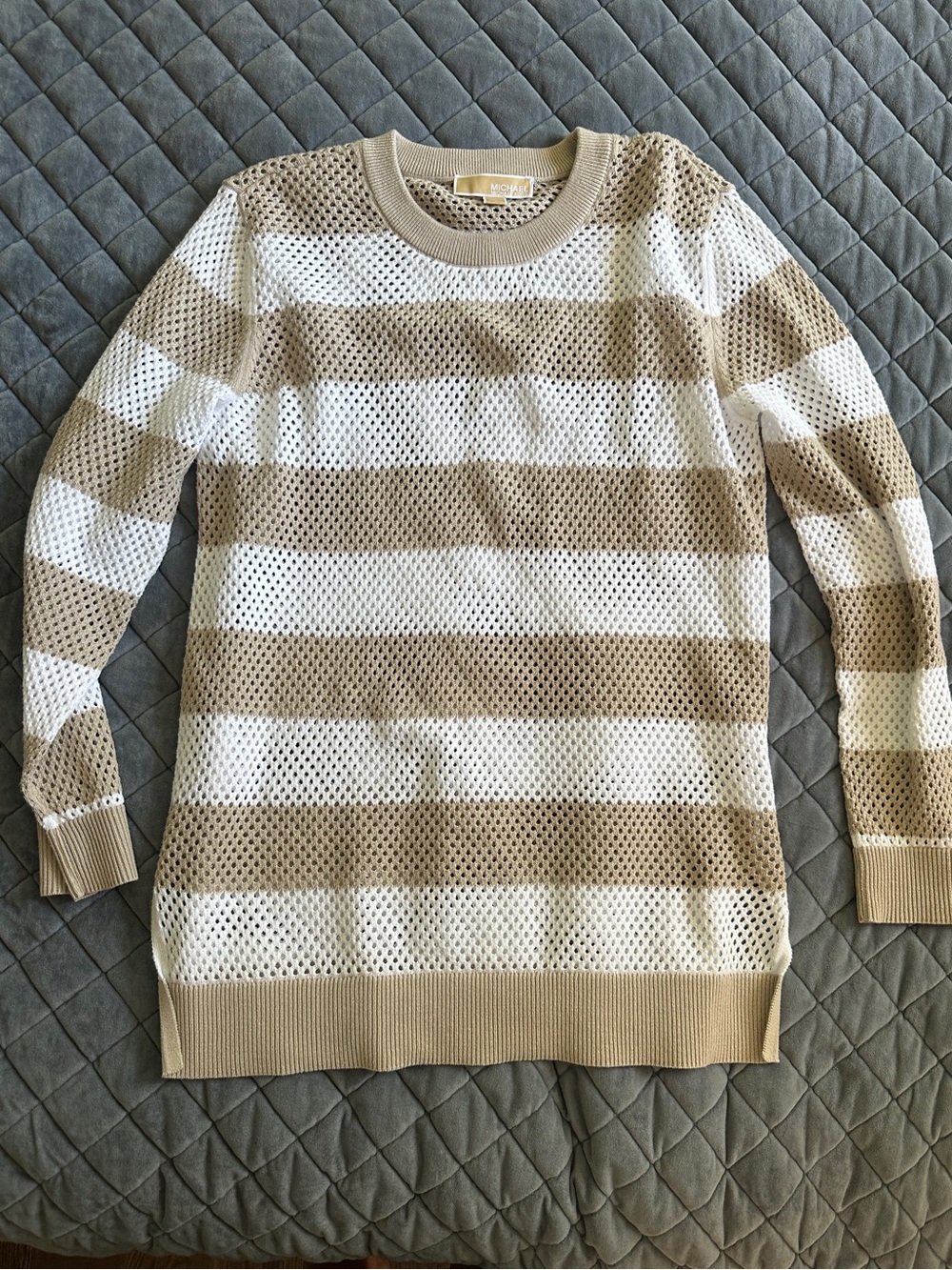Michael Kors Open-Knit Striped Crewneck Sweater in White & Tan